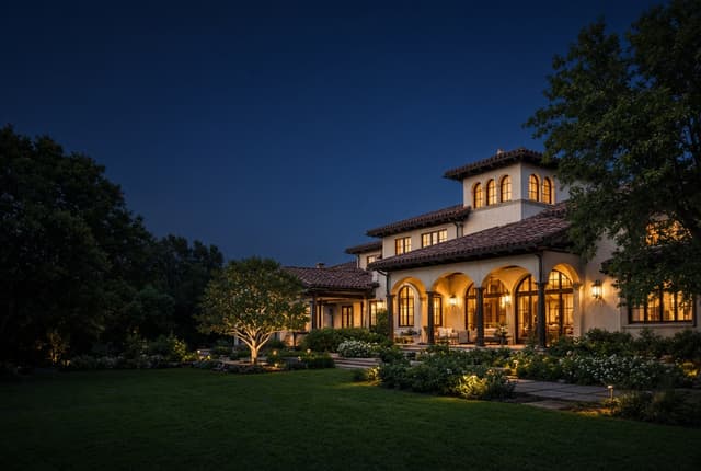 Mediterranean-style estate lit warmly at night across a wide lawn — illustrative, not a documented property address