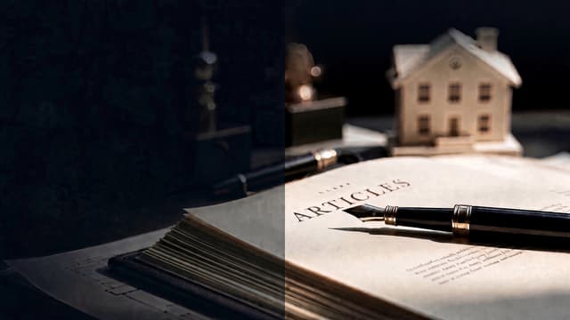 Open journal, fountain pen, and house model — illustrative notes, not a photographed property