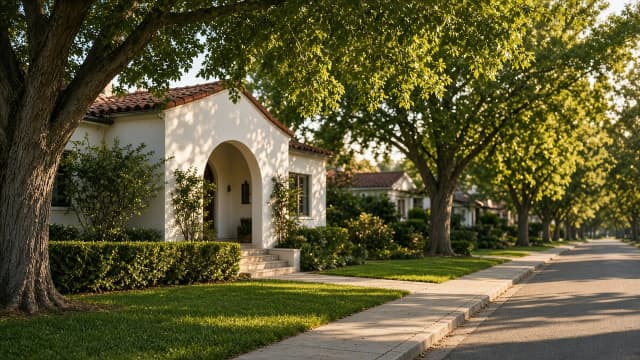 White stucco home with a red tile roof and an arched entry porch behind a trimmed hedge