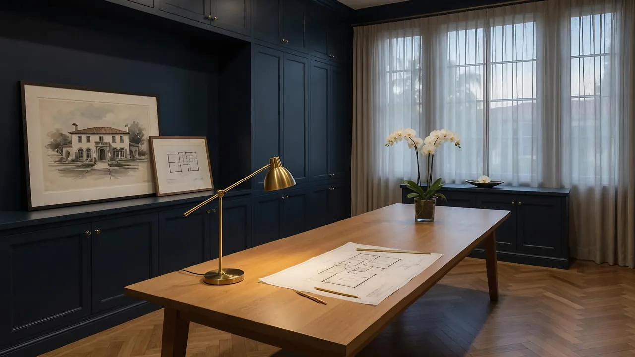 A quiet office study with a desk, a lamp and papers laid out for a conversation