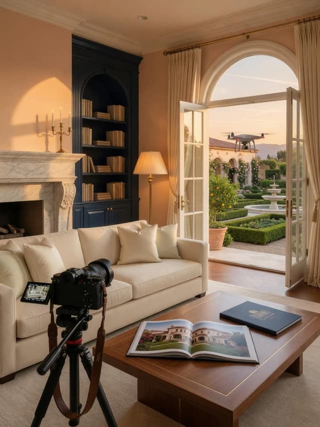 Camera, brochure, and drone — illustrative listing marketing, not a specific property