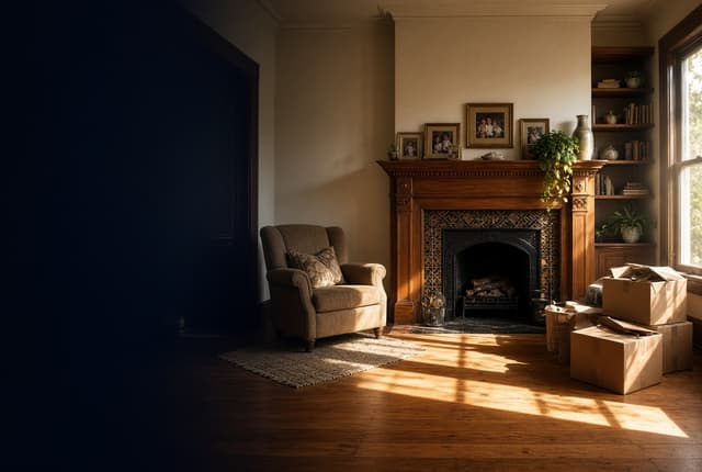 Empty Craftsman living room with family photographs and house keys — an inherited house waiting to be handled