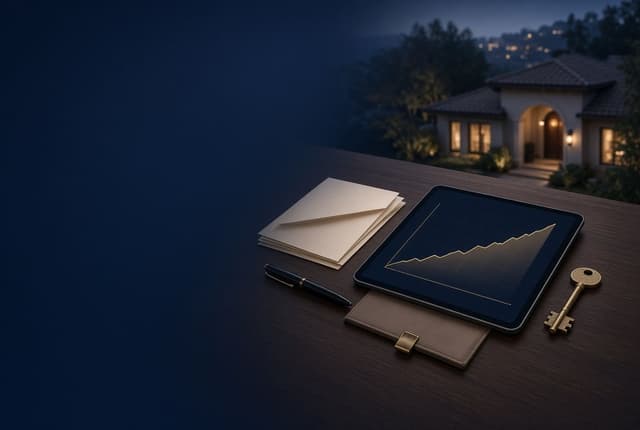 Desk with a tablet market chart, envelopes and a house key, with a home at dusk behind it