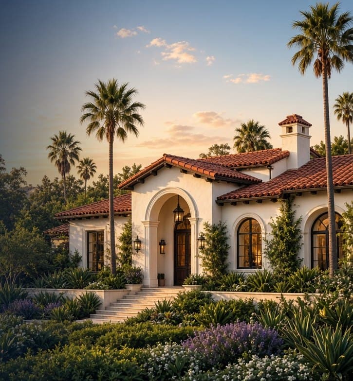 Spanish-style home with palms in Altadena, CA