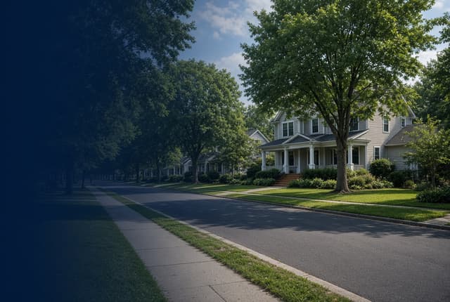 A tree-lined street of two-story clapboard houses with front porches, a sidewalk and wide lawns under a partly cloudy sky
