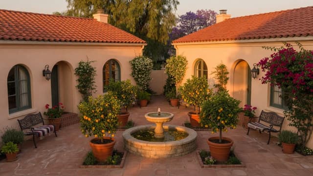 A well-kept Spanish courtyard duplex in Pasadena at golden hour