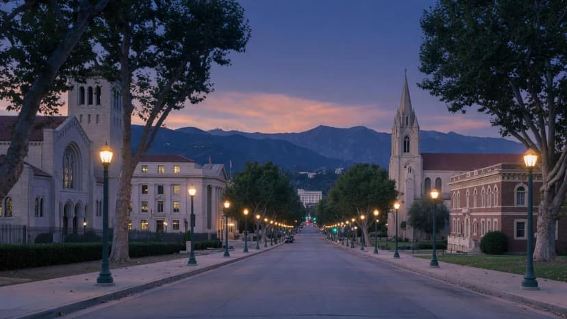 Lake Avenue in Pasadena at dusk, a commercial boulevard toward the mountains