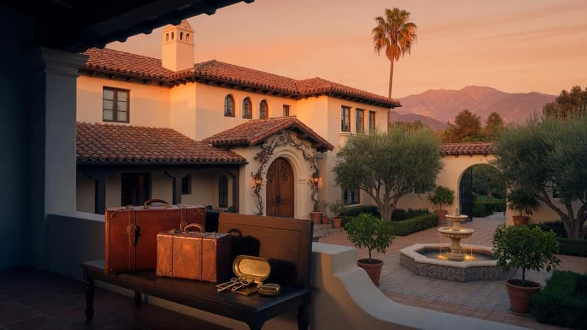 Spanish Colonial Revival Pasadena house at golden hour, leather luggage and house keys on a porch bench before a planned move