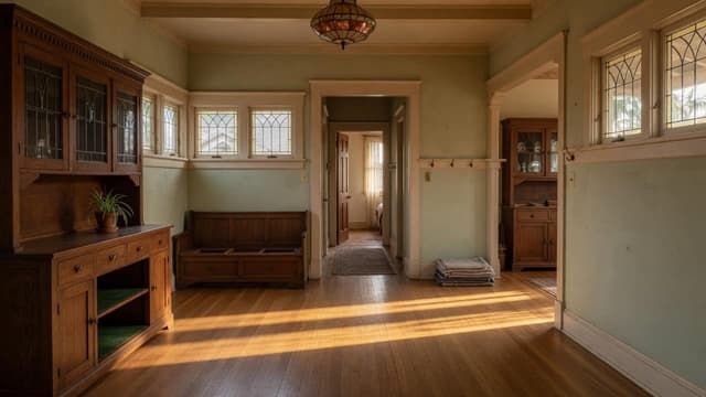 An empty, well-maintained Craftsman interior with afternoon light on the floors