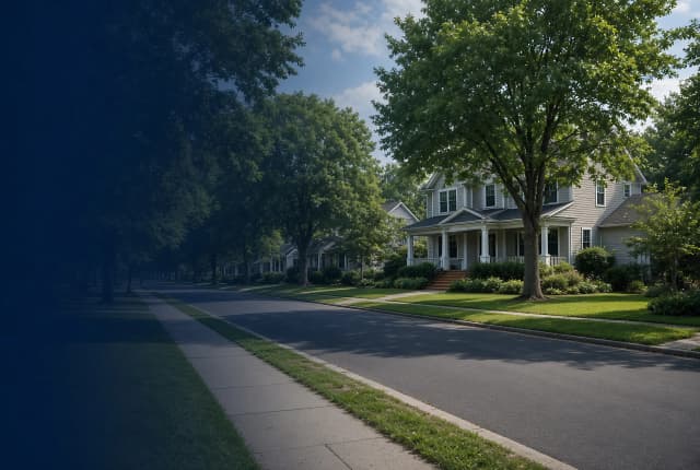 A two-story house with a white-columned front porch on a quiet, tree-lined residential street in daylight. Illustrative, not a documented Los Angeles address.