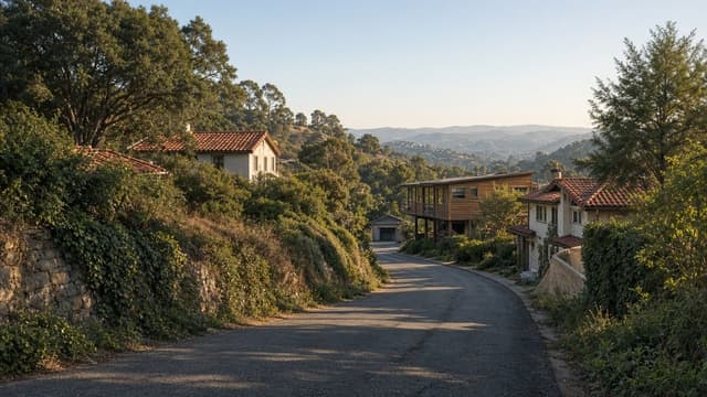 Illustrative hillside street with trees and homes for the Mount Washington guide — rendered image, not a documented address