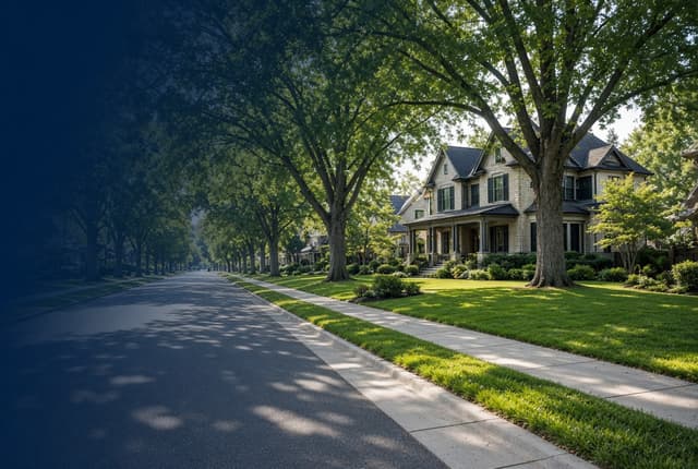 Dappled shade across a quiet residential street, with a large two-story gabled house behind a broad green lawn