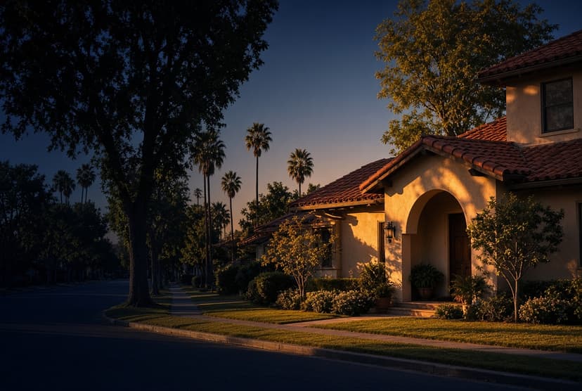 Residential street at dusk — illustrative, not a documented San Gabriel address