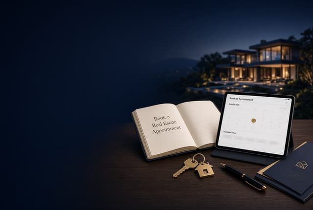 Booking desk with a tablet calendar, keys and a pen, with a hillside home at dusk