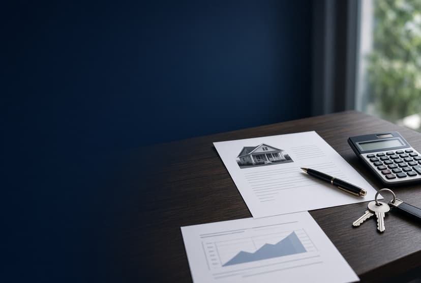 Evening table with a closed folder and a house photograph — a short-sale file in progress