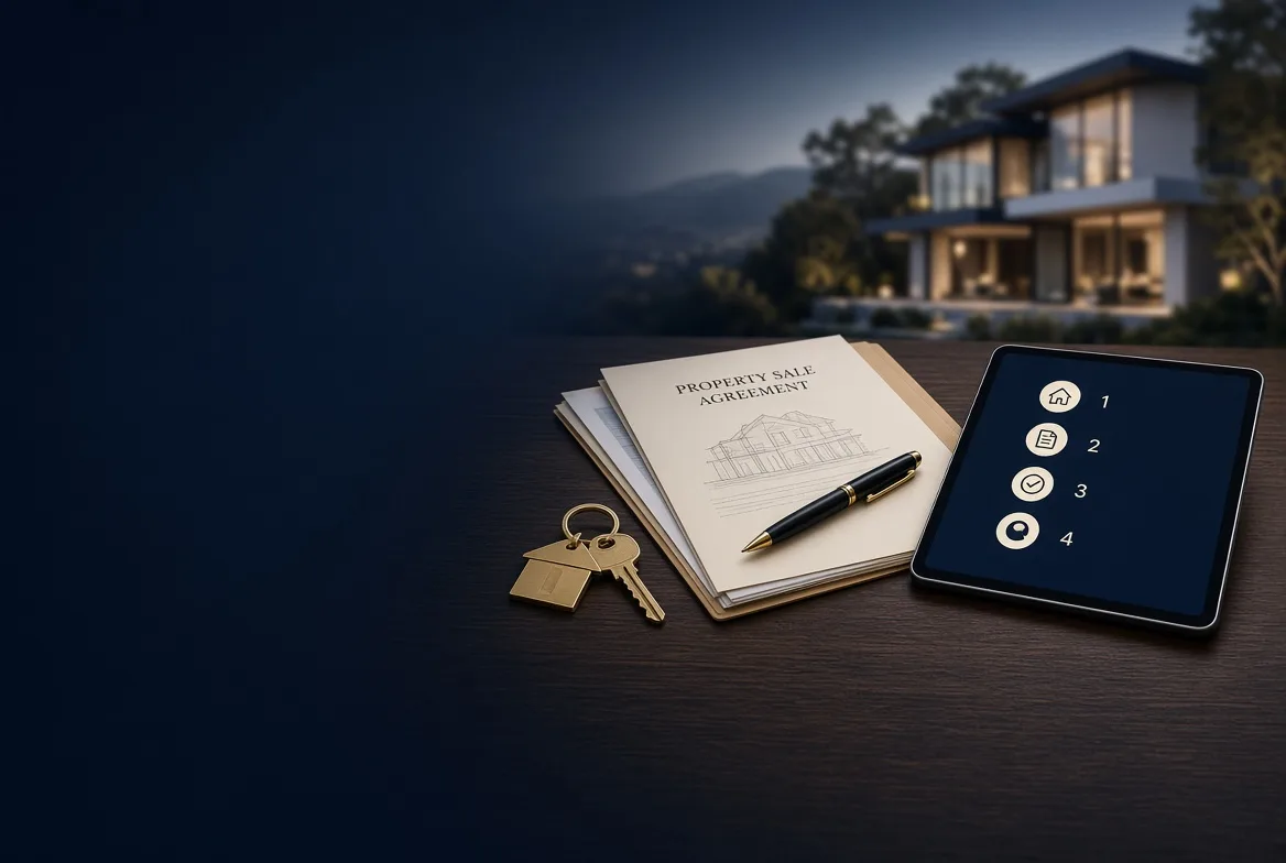 House keys, pen on property sale agreement, and tablet rest on a wooden table with a modern home in the background.