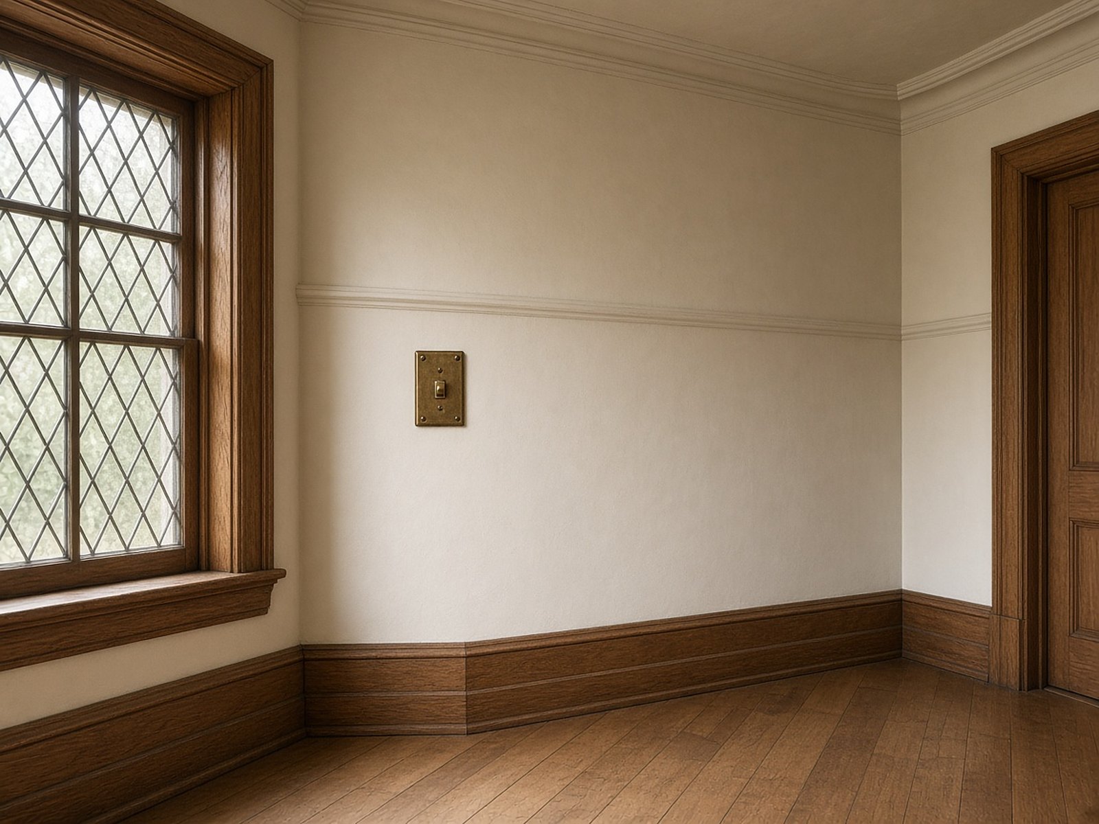 A leaded glass window framed in oak trim, with a brass light switch plate on the wall beside it.