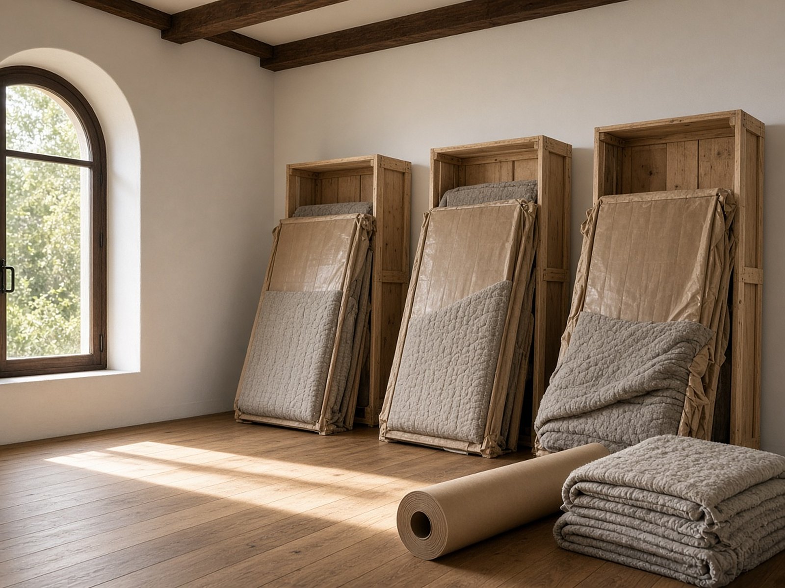 Framed artwork wrapped in kraft paper and standing in wooden crates, with folded moving blankets nearby.