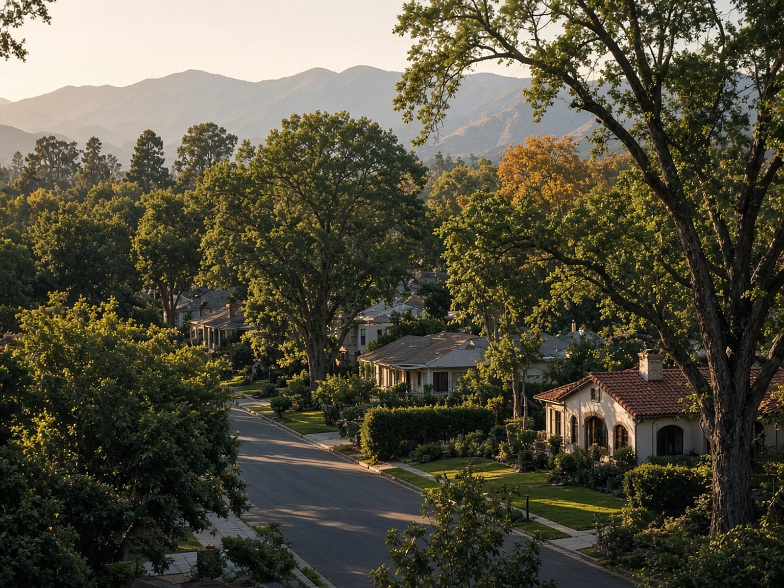 A quiet tree-lined residential street at the foot of the mountains in late afternoon light.