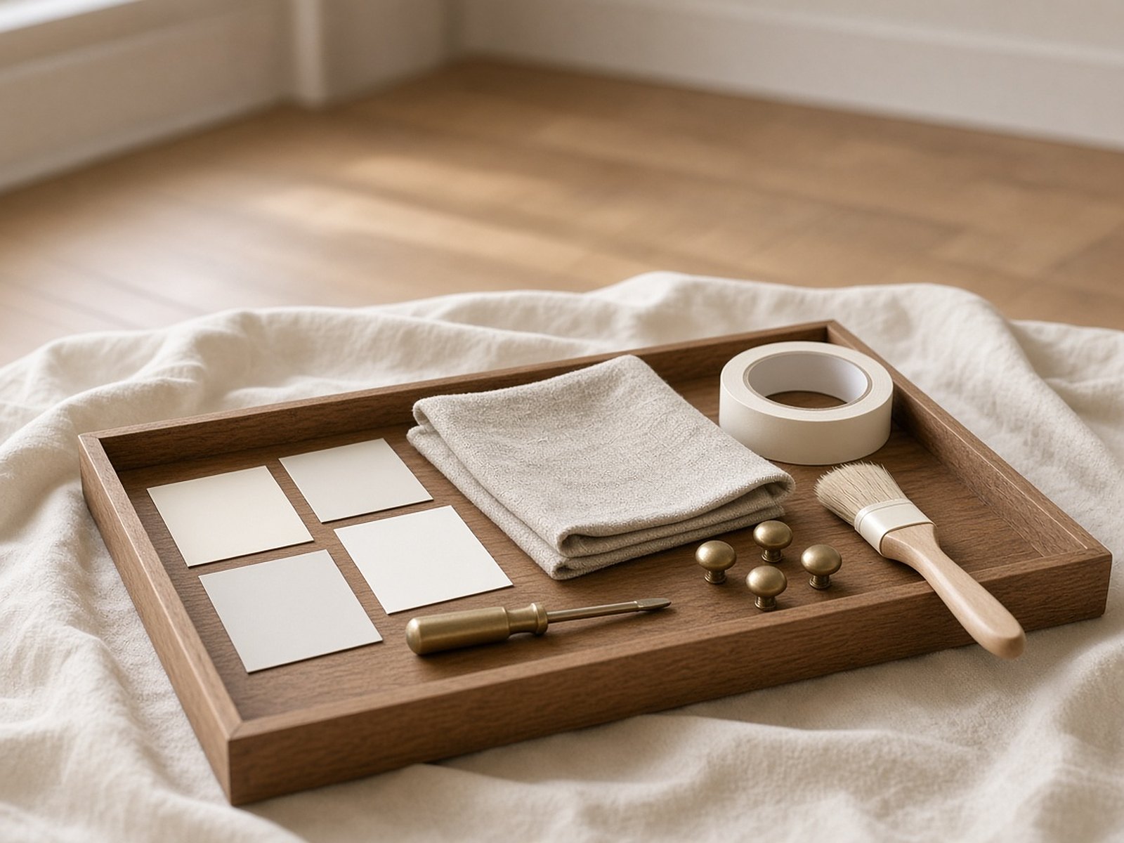 A wooden tray holding paint swatches, brass cabinet knobs, a paintbrush and a roll of painter's tape.