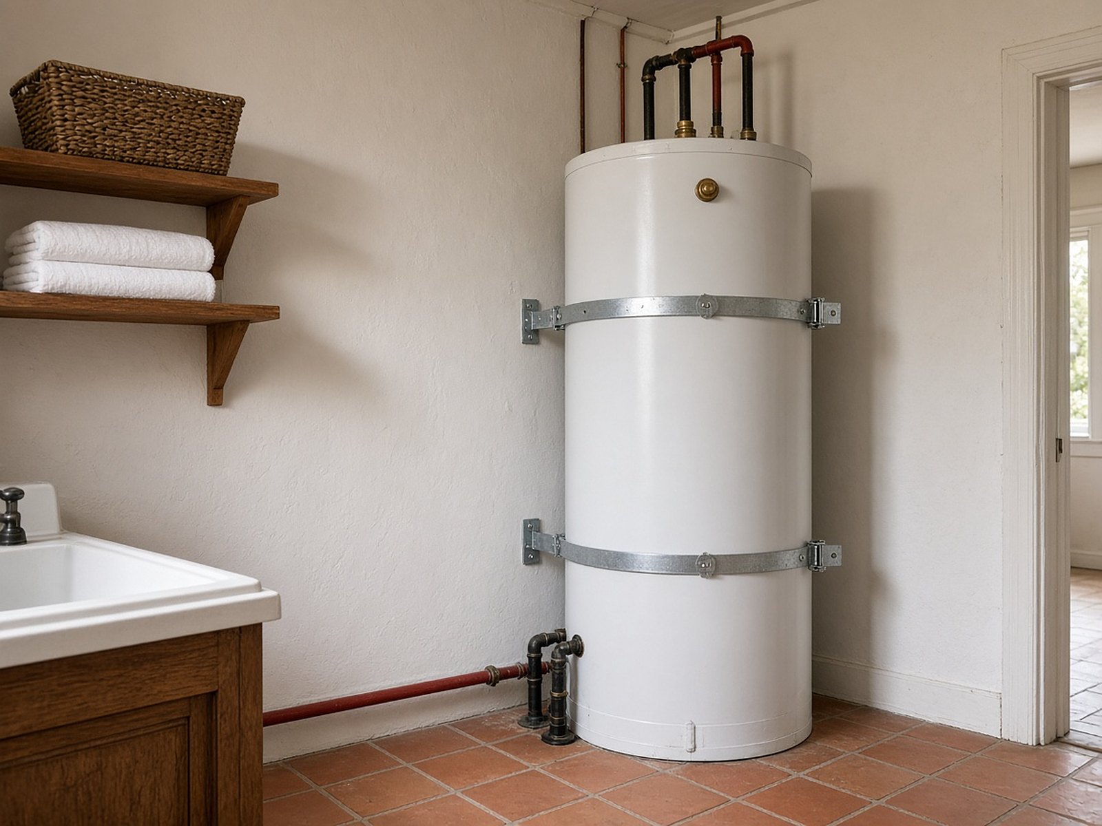 A water heater in a utility room, secured to the wall with two metal straps.