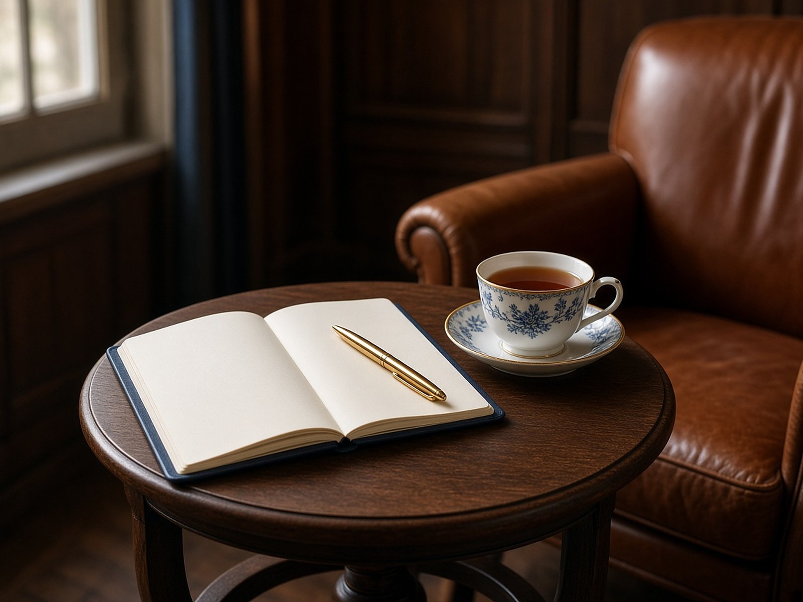 An open navy notebook with a gold pen and a blue and white teacup on the arm of a leather chair.