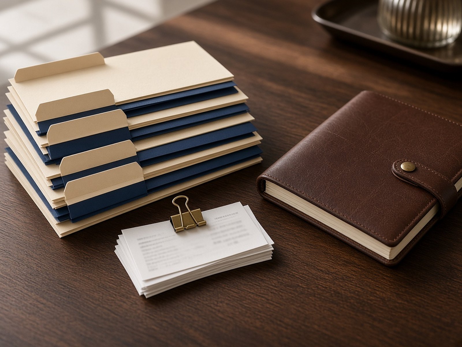 Ivory and navy file folders with clipped receipts and a leather notebook on a desk.