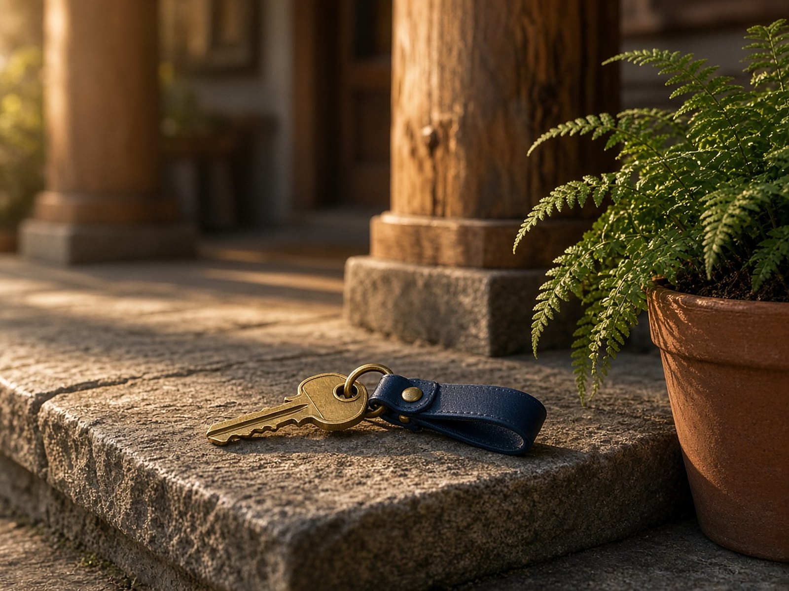 A brass house key on a navy leather fob, set on a stone porch step beside a potted fern.