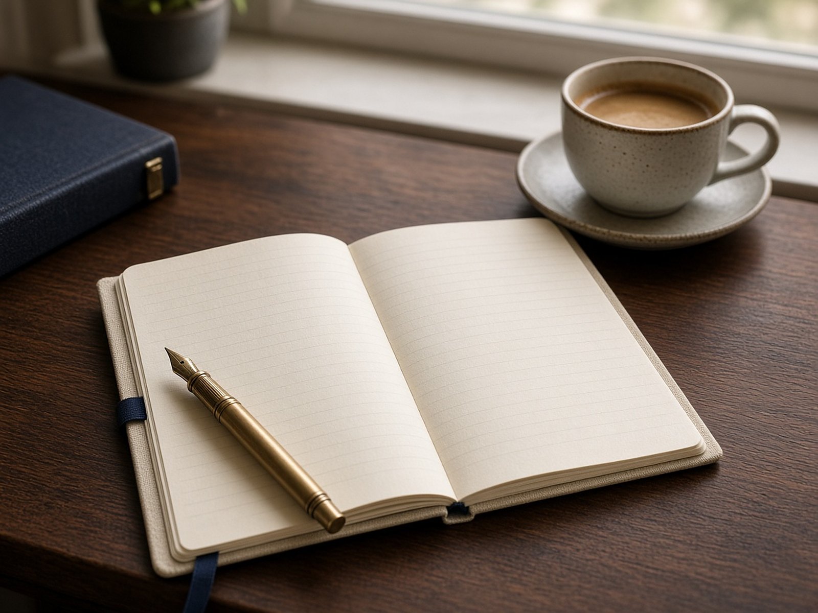 An open planner with blank pages beside a brass pen and a cup of coffee on a wooden desk.