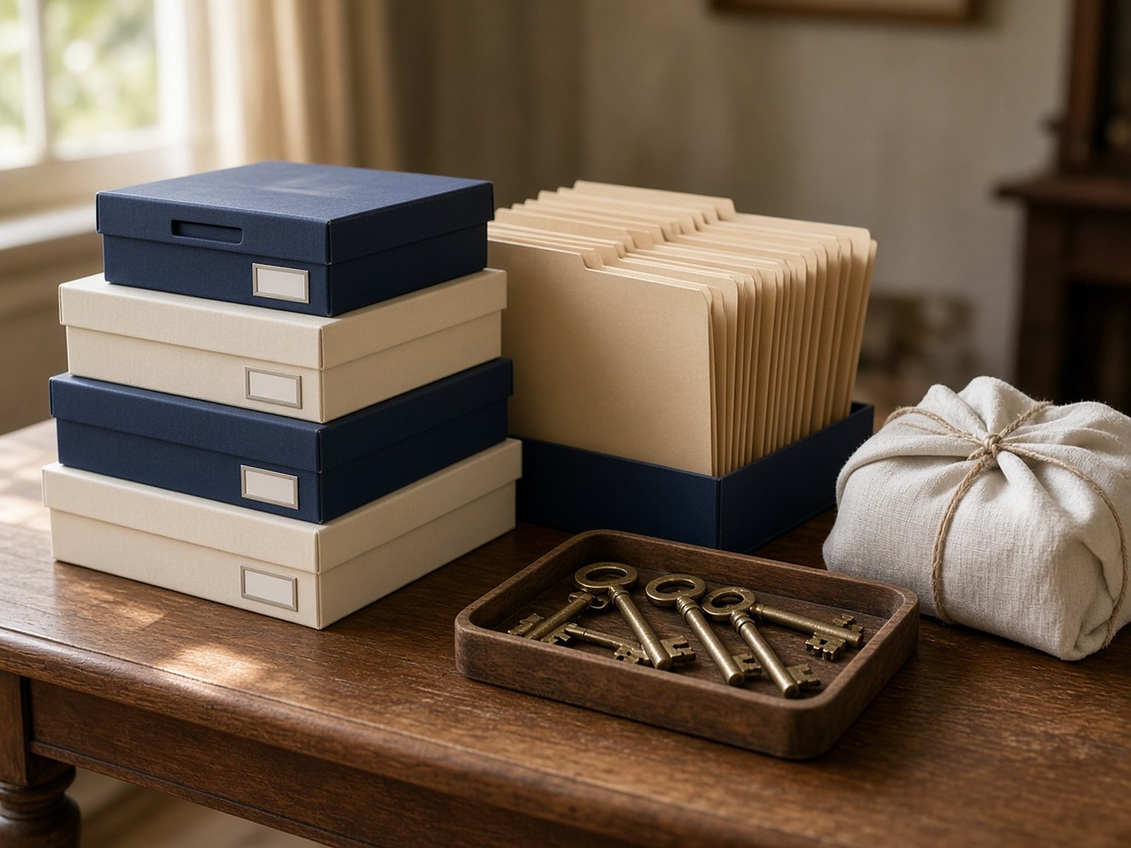 Navy and ivory archive boxes and folders on a table beside a tray of old keys and a bundle of folded linens.