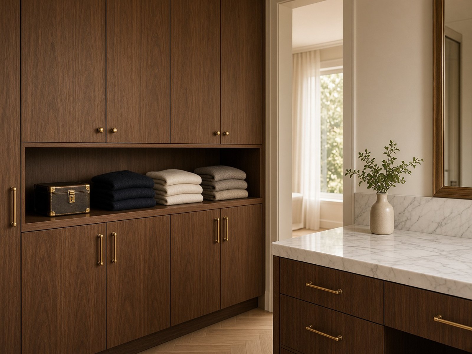 A walnut dressing room with folded sweaters on open shelves and a small lockbox on a drawer top.