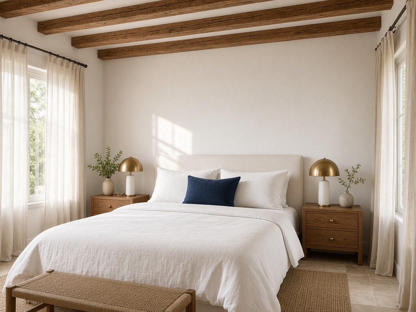 A bed made with plain white linens and one navy pillow, flanked by brass lamps under exposed wood beams.