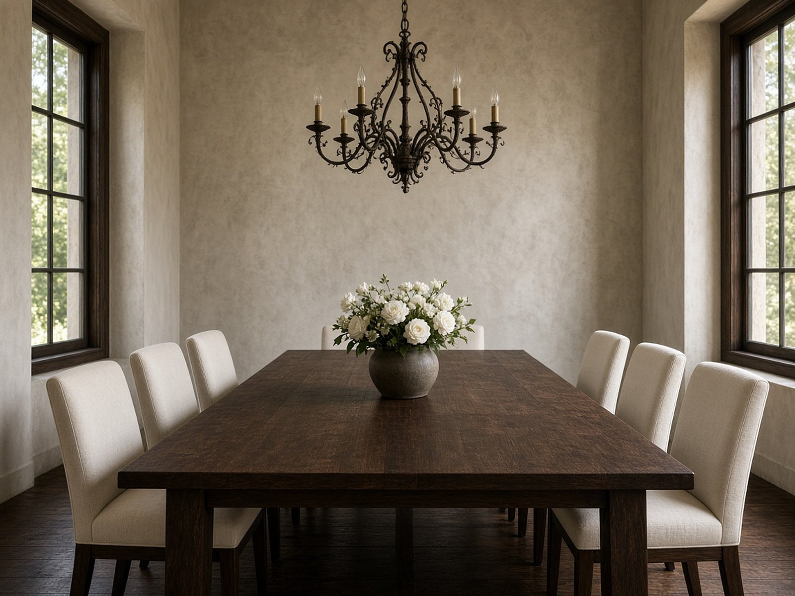 A walnut dining table with a low arrangement of white roses beneath a wrought iron chandelier.